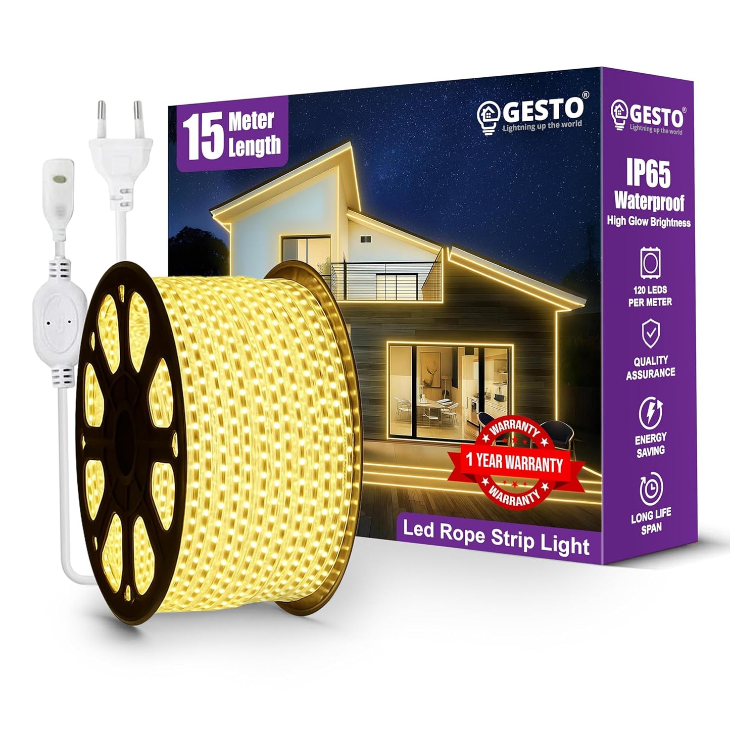 Gesto 15 Meter LED Rope Strip Light – Waterproof Warm White (120 LEDs/Meter) for Home & Outdoor Decoration
