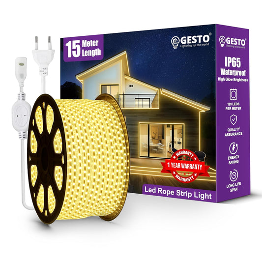 Gesto 15 Meter LED Rope Strip Light – Waterproof Warm White (120 LEDs/Meter) for Home & Outdoor Decoration