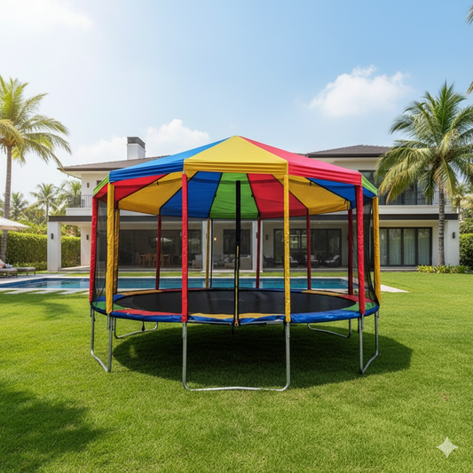 16 FT Multicolored Trampoline with Roof – Heavy Duty &amp; Fun for All Ages!